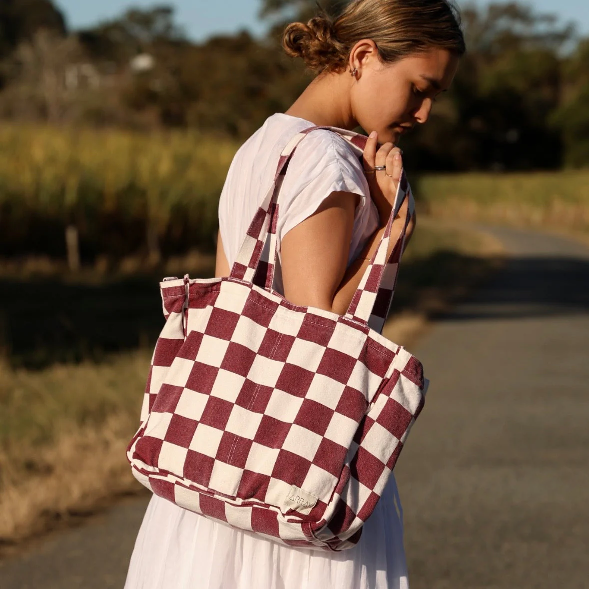Everyday Pocket Tote Burgundy Check
