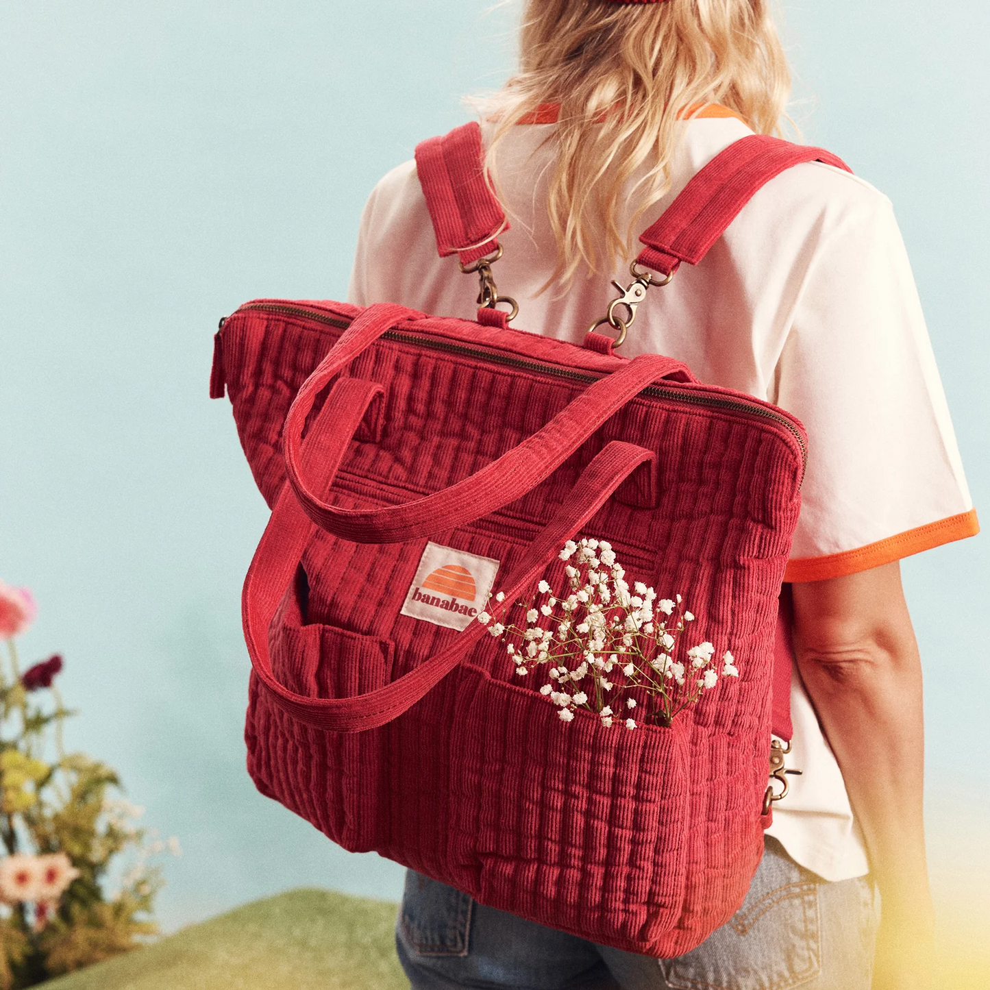 Corduroy Quilted Convertible Backpack Eco Red