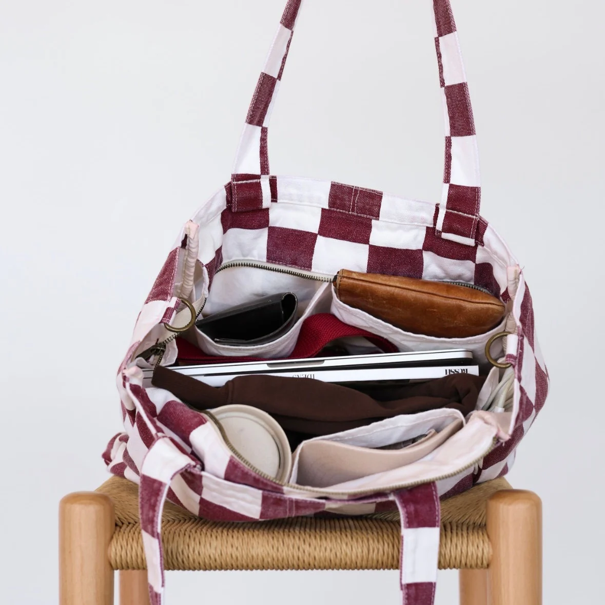 Everyday Pocket Tote Burgundy Check