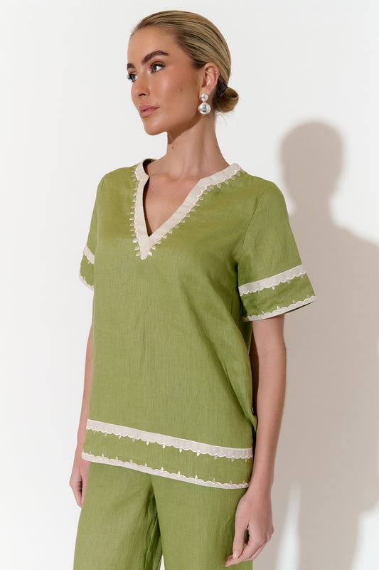 Archer Applique Linen Top Green [sz:8]