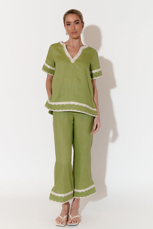 Archer Applique Linen Top Green [sz:8]