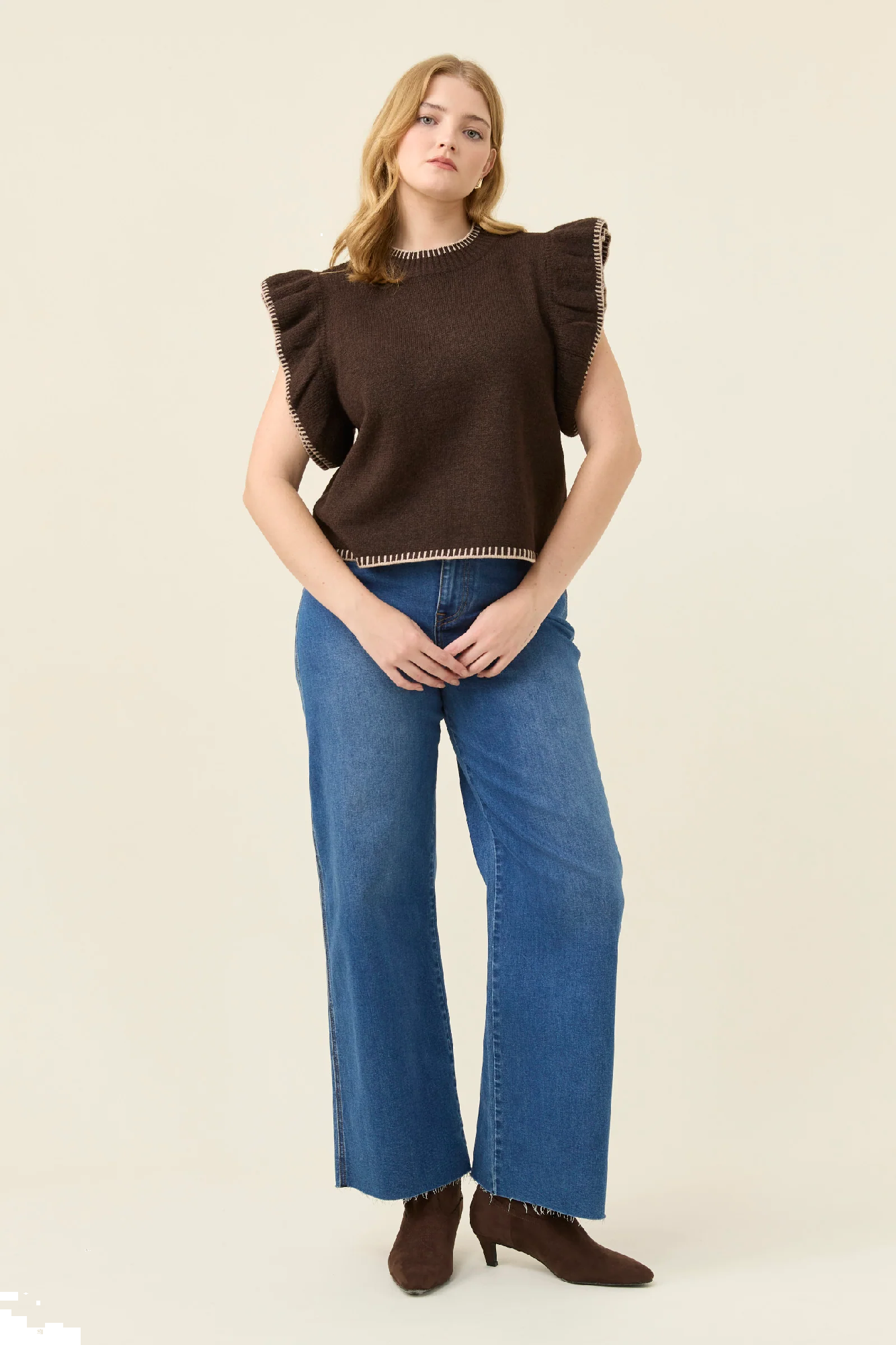 Athena Frill Knit Top Chocolate [sz:small]