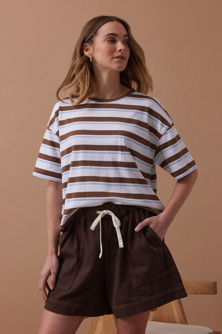 Boxy Pocket Tee White Milk Choc Chalk Stripe [sz:small]