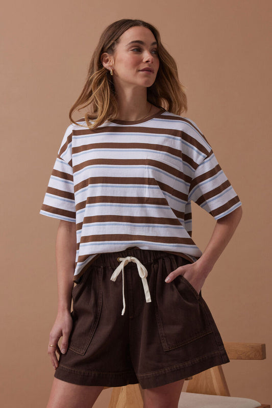 Boxy Pocket Tee White Milk Choc Chalk Stripe [sz:small]