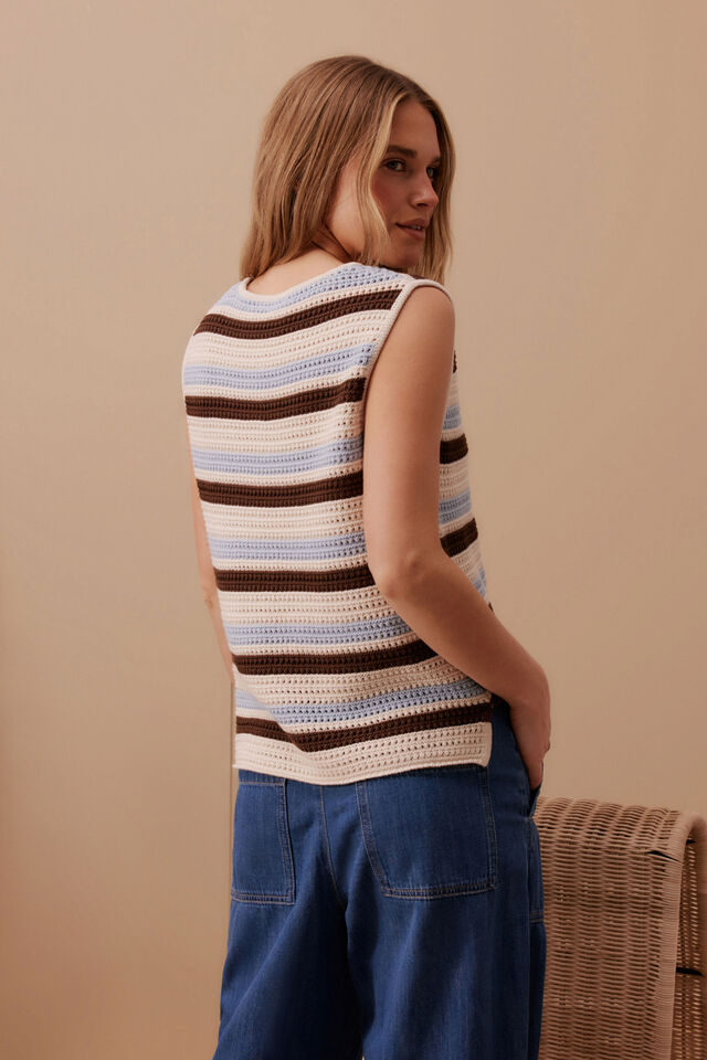 Margot Mesh Knit Tank Ecru Chalk Choc Stripe [sz:small]