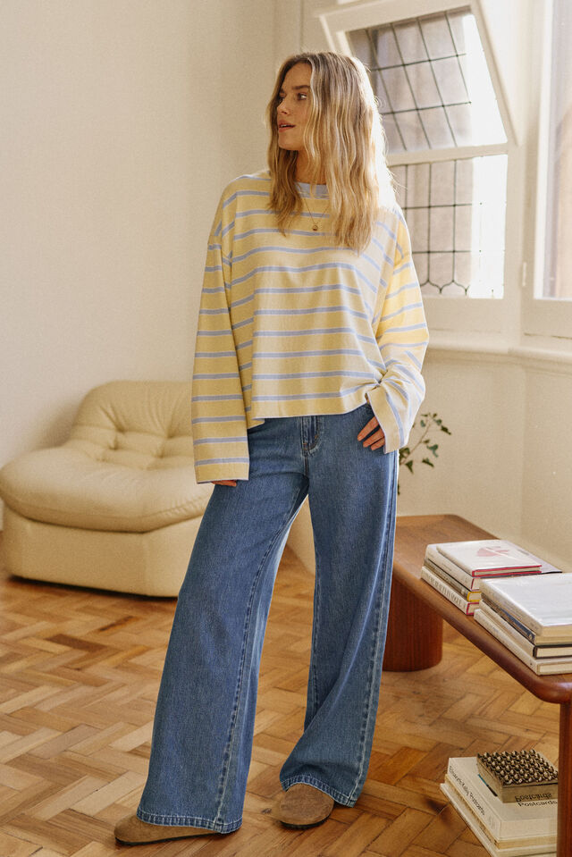 Beau Long Sleeve Slouchy Tee Butter Blue Stripe [sz:small]