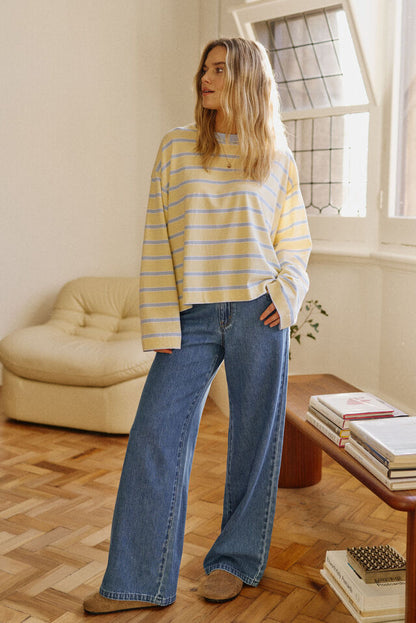 Beau Long Sleeve Slouchy Tee Butter Blue Stripe [sz:small]