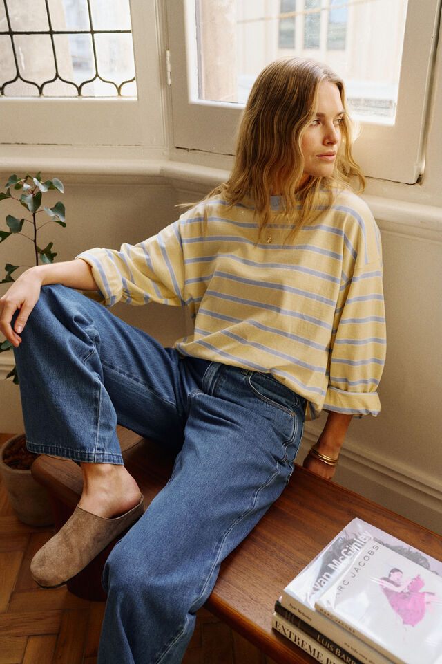 Beau Long Sleeve Slouchy Tee Butter Blue Stripe [sz:small]