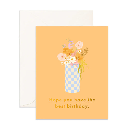 Best Birthday Blue Check Vase Card
